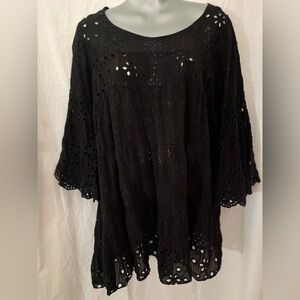 Johnny Was top boho peasant BLACK eyelet bell sleeves spring summer roma…